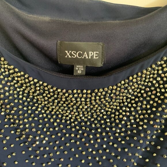 Xcape size Large Navy Knee Length Shift Dress with Beaded Drape. - Picture 3 of 8